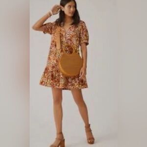 Anthropologie Pilcro Puff Sleeve Floral Dress L Cotton Linen Ruffle Tapestry